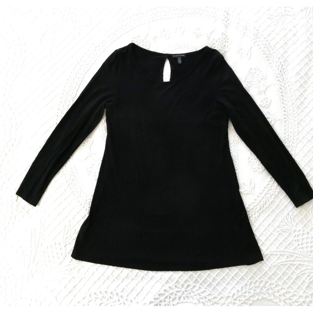 EILEEN FISHER Tunic M Jersey Round Neck Long Sleeve Keyhole Back Flowy Viscose